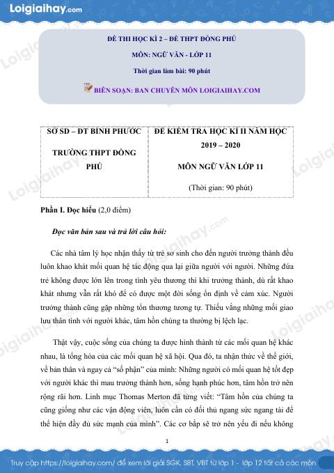 Giải đề thi kì 2 Ngữ văn lớp 11 năm 2019 - 2020 trường THPT Đồng Phú